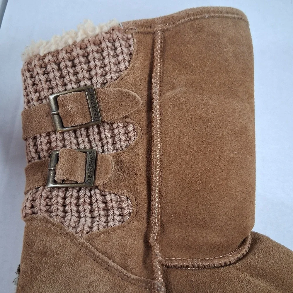Bearpaw Boshie Youth HIckory Tan Boots Buckle size 5 Suede Sheepskin Wool Lining